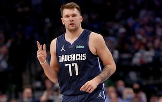 DALLAS, TEXAS - NOVEMBER 08: Luka Doncic #77 of the Dallas Mavericks reacts after scoring against the New Orleans Pelicans in the second half at American Airlines Center on November 08, 2021 in Dallas, Texas. NOTE TO USER: User expressly acknowledges and agrees that, by downloading and or using this photograph, User is consenting to the terms and conditions of the Getty Images License Agreement. (Photo by Tom Pennington/Getty Images)