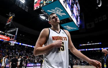 DENVER, CO - NOVEMBER 8: Nikola Jokic (15) of the Denver Nuggets is ejected after striking Markieff Morris (8) of the Miami Heat with a retaliatory blow during the fourth quarter of Denver"u2019s 113-96 win on Monday, November 8, 2021. (Photo by AAron Ontiveroz/MediaNews Group/The Denver Post via Getty Images)