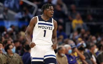 SAN FRANCISCO, CALIFORNIA - NOVEMBER 10: Anthony Edwards #1 of the Minnesota Timberwolves reacts after making a three point basket against the Golden State Warriors at Chase Center on November 10, 2021 in San Francisco, California. NOTE TO USER: User expressly acknowledges and agrees that, by downloading and/or using this photograph, User is consenting to the terms and conditions of the Getty Images License Agreement.  (Photo by Ezra Shaw/Getty Images)
