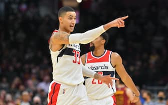 CLEVELAND, OHIO - NOVEMBER 10: Kyle Kuzma #33 of the Washington Wizards celebrates after hitting a game-winning three-point-shot during the final seconds of the fourth quarter against the Cleveland Cavaliers at Rocket Mortgage Fieldhouse on November 10, 2021 in Cleveland, Ohio. The Wizards defeated the Cavaliers 97-94. NOTE TO USER: User expressly acknowledges and agrees that, by downloading and/or using this photograph, user is consenting to the terms and conditions of the Getty Images License Agreement. (Photo by Jason Miller/Getty Images)