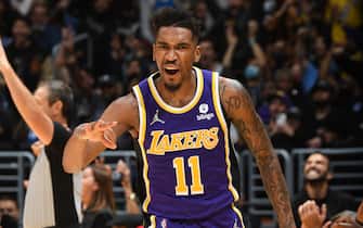 LOS ANGELES, CA - NOVEMBER 10: Malik Monk #11 of the Los Angeles Lakers celebrates during the game against the Miami Heat on November 10, 2021 at STAPLES Center in Los Angeles, California. NOTE TO USER: User expressly acknowledges and agrees that, by downloading and/or using this Photograph, user is consenting to the terms and conditions of the Getty Images License Agreement. Mandatory Copyright Notice: Copyright 2021 NBAE (Photo by Andrew D. Bernstein/NBAE via Getty Images)