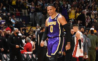 LOS ANGELES, CA - NOVEMBER 10: Russell Westbrook #0 of the Los Angeles Lakers celebrates during the game against the Miami Heat on November 10, 2021 at STAPLES Center in Los Angeles, California. NOTE TO USER: User expressly acknowledges and agrees that, by downloading and/or using this Photograph, user is consenting to the terms and conditions of the Getty Images License Agreement. Mandatory Copyright Notice: Copyright 2021 NBAE (Photo by Andrew D. Bernstein/NBAE via Getty Images)