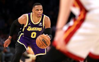 LOS ANGELES, CALIFORNIA - NOVEMBER 10: Russell Westbrook #0 of the Los Angeles Lakers dribbles the ball during the second half of a game against the Miami Heat at Staples Center on November 10, 2021 in Los Angeles, California. NOTE TO USER: User expressly acknowledges and agrees that, by downloading and/or using this photograph, User is consenting to the terms and conditions of the Getty Images License Agreement.  (Photo by Sean M. Haffey/Getty Images)
