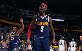 DENVER, CO - NOVEMBER 10: Will Barton #5 of the Denver Nuggets reacts during a game against the Indiana Pacers on November 10, 2021 at the Ball Arena in Denver, Colorado. NOTE TO USER: User expressly acknowledges and agrees that, by downloading and/or using this Photograph, user is consenting to the terms and conditions of the Getty Images License Agreement. Mandatory Copyright Notice: Copyright 2021 NBAE (Photo by Garrett Ellwood/NBAE via Getty Images) 