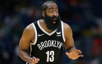 NEW ORLEANS, LOUISIANA - NOVEMBER 12: James Harden #13 of the Brooklyn Nets reacts during the first half against the New Orleans Pelicans at the Smoothie King Center on November 12, 2021 in New Orleans, Louisiana. NOTE TO USER: User expressly acknowledges and agrees that, by downloading and or using this Photograph, user is consenting to the terms and conditions of the Getty Images License Agreement. (Photo by Jonathan Bachman/Getty Images)