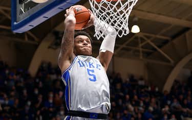 DURHAM, NC - NOVEMBER 12: Paolo Banchero #5 of the Duke Blue Devils goes up for a dunk against the Army Black Knights during the second half at Cameron Indoor Stadium on November 12, 2021 in Durham, North Carolina. (Photo by Lance King/Getty Images)