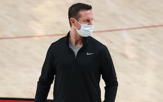 PORTLAND, OREGON - FEBRUARY 11: Assistant Coach Dave Joerger of the Philadelphia 76ers looks on before their game against the Portland Trail Blazers at Moda Center on February 11, 2021 in Portland, Oregon. NOTE TO USER: User expressly acknowledges and agrees that, by downloading and or using this photograph, User is consenting to the terms and conditions of the Getty Images License Agreement. (Photo by Abbie Parr/Getty Images)