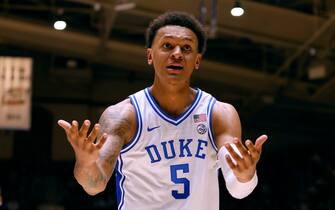 DURHAM, NORTH CAROLINA - NOVEMBER 16: Paolo Banchero #5 of the Duke Blue Devils reacts to a call by the officials during the second half of their game against the Gardner Webb Runnin' Bulldogs at Cameron Indoor Stadium on November 16, 2021 in Durham, North Carolina. Duke won 92-52. (Photo by Grant Halverson/Getty Images)