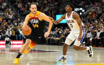 SALT LAKE CITY, UTAH - NOVEMBER 16: Bojan Bogdanovic #44 of the Utah Jazz dribbles past Tyrese Maxey #0 of the Philadelphia 76ers in the first half during a game at Vivint Smart Home Arena on November 16, 2021 in Salt Lake City, Utah. NOTE TO USER: User expressly acknowledges and agrees that, by downloading and or using this photograph, User is consenting to the terms and conditions of the Getty Images License Agreement.  (Photo by Alex Goodlett/Getty Images)