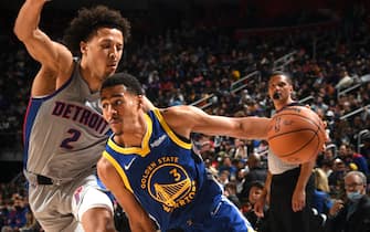 DETROIT, MI - NOVEMBER 19: Jordan Poole #3 of the Golden State Warriors drives to the basket during the game against the Detroit Pistons on November 19, 2021 at Little Caesars Arena in Detroit, Michigan. NOTE TO USER: User expressly acknowledges and agrees that, by downloading and/or using this photograph, User is consenting to the terms and conditions of the Getty Images License Agreement. Mandatory Copyright Notice: Copyright 2021 NBAE (Photo by Chris Schwegler/NBAE via Getty Images)