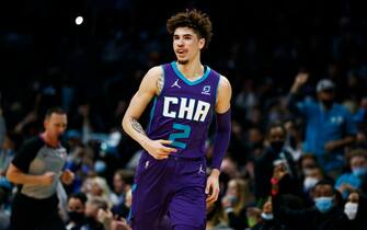 CHARLOTTE, NORTH CAROLINA - NOVEMBER 19: LaMelo Ball #2 of the Charlotte Hornets looks on following a play during the first half of their game against the Indiana Pacers at Spectrum Center on November 19, 2021 in Charlotte, North Carolina. NOTE TO USER: User expressly acknowledges and agrees that, by downloading and or using this photograph, User is consenting to the terms and conditions of the Getty Images License Agreement. (Photo by Jared C. Tilton/Getty Images)