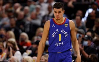 SALT LAKE CITY, UT - OCTOBER 26: Michael Porter Jr. #1 of the Denver Nuggets looks on during the game against the Utah Jazz on October 26, 2021 at vivint.SmartHome Arena in Salt Lake City, Utah. NOTE TO USER: User expressly acknowledges and agrees that, by downloading and or using this Photograph, User is consenting to the terms and conditions of the Getty Images License Agreement. Mandatory Copyright Notice: Copyright 2021 NBAE (Photo by Jeff Swinger/NBAE via Getty Images)