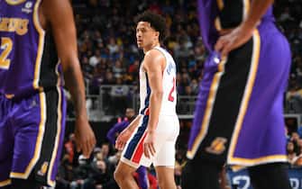 DETROIT, MI - NOVEMBER 21: Cade Cunningham #2 of the Detroit Pistons looks on during the game against the Los Angeles Lakers on November 21, 2021 at Little Caesars Arena in Detroit, Michigan. NOTE TO USER: User expressly acknowledges and agrees that, by downloading and/or using this photograph, User is consenting to the terms and conditions of the Getty Images License Agreement. Mandatory Copyright Notice: Copyright 2021 NBAE (Photo by Chris Schwegler/NBAE via Getty Images)