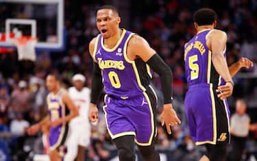 DETROIT, MI - NOVEMBER 21: Russell Westbrook #0 of the Los Angeles Lakers reacts to a play during the game against the Detroit Pistons on November 21, 2021 at Little Caesars Arena in Detroit, Michigan. NOTE TO USER: User expressly acknowledges and agrees that, by downloading and/or using this photograph, User is consenting to the terms and conditions of the Getty Images License Agreement. Mandatory Copyright Notice: Copyright 2021 NBAE (Photo by Brian Sevald/NBAE via Getty Images)