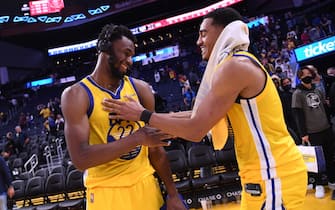 1236723026 SAN FRANCISCO, CA - NOVEMBER 21: Andrew Wiggins #22 and Jordan Poole #3 of the Golden State Warriors celebrate after a game against the Toronto Raptors on November 21, 2021 at Chase Center in San Francisco, California. NOTE TO USER: User expressly acknowledges and agrees that, by downloading and or using this photograph, user is consenting to the terms and conditions of Getty Images License Agreement. Mandatory Copyright Notice: Copyright 2021 NBAE (Photo by Noah Graham/NBAE via Getty Images)