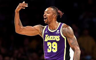 LOS ANGELES, CALIFORNIA - NOVEMBER 10: Dwight Howard #39 of the Los Angeles Lakers reacts after being fouled during the first half of a game against the Miami Heat at Staples Center on November 10, 2021 in Los Angeles, California. NOTE TO USER: User expressly acknowledges and agrees that, by downloading and/or using this photograph, User is consenting to the terms and conditions of the Getty Images License Agreement.  (Photo by Sean M. Haffey/Getty Images)