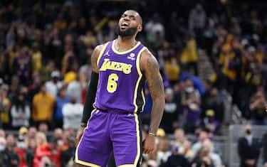 INDIANAPOLIS, INDIANA - NOVEMBER 24:  LeBron James #6 of the  Los Angeles Lakers celebrates in the 124-116 OT win against the Indiana Pacers at Gainbridge Fieldhouse on November 24, 2021 in Indianapolis, Indiana.     NOTE TO USER: User expressly acknowledges and agrees that, by downloading and or using this Photograph, user is consenting to the terms and conditions of the Getty Images License Agreement. (Photo by Andy Lyons/Getty Images) (Photo by Andy Lyons/Getty Images)