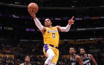 LOS ANGELES, CA - NOVEMBER 26: Russell Westbrook #0 of the Los Angeles Lakers shoots the ball against the Sacramento Kings on November 26, 2021 at STAPLES Center in Los Angeles, California. NOTE TO USER: User expressly acknowledges and agrees that, by downloading and/or using this Photograph, user is consenting to the terms and conditions of the Getty Images License Agreement. Mandatory Copyright Notice: Copyright 2021 NBAE (Photo by Juan Ocampo/NBAE via Getty Images)