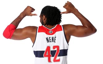 WASHINGTON, DC - OCTOBER 1: Nene #42 of the Washington Wizards poses for a portrait during 2012 NBA Media Day at the Verizon Center on October 1, 2012 in Washington, DC. NOTE TO USER: User expressly acknowledges and agrees that, by downloading and or using this photograph, User is consenting to the terms and conditions of the Getty Images License Agreement. Mandatory Copyright Notice: Copyright 2012 NBAE (Photo by Ned Dishman/NBAE via Getty Images)