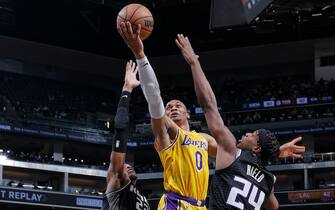 SACRAMENTO, CA - NOVEMBER 30: Russell Westbrook #0 of the Los Angeles Lakers shoots the ball during the game against the Sacramento Kings on November 30, 2021 at Golden 1 Center in Sacramento, California. NOTE TO USER: User expressly acknowledges and agrees that, by downloading and or using this Photograph, user is consenting to the terms and conditions of the Getty Images License Agreement. Mandatory Copyright Notice: Copyright 2021 NBAE (Photo by Rocky Widner/NBAE via Getty Images)
