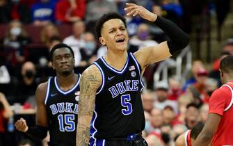 COLUMBUS, OHIO - NOVEMBER 30: Paolo Banchero #5 of the Duke Blue Devils reacts to a called foul during the first half against the Ohio State Buckeyes at Value City Arena on November 30, 2021 in Columbus, Ohio. (Photo by Emilee Chinn/Getty Images)