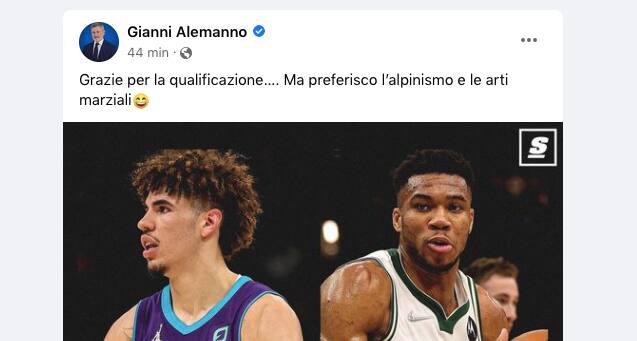 Il messaggio rilanciato dalla pagina Facebook di Gianni Alemanno che ringrazia per l'accostamento involontario
