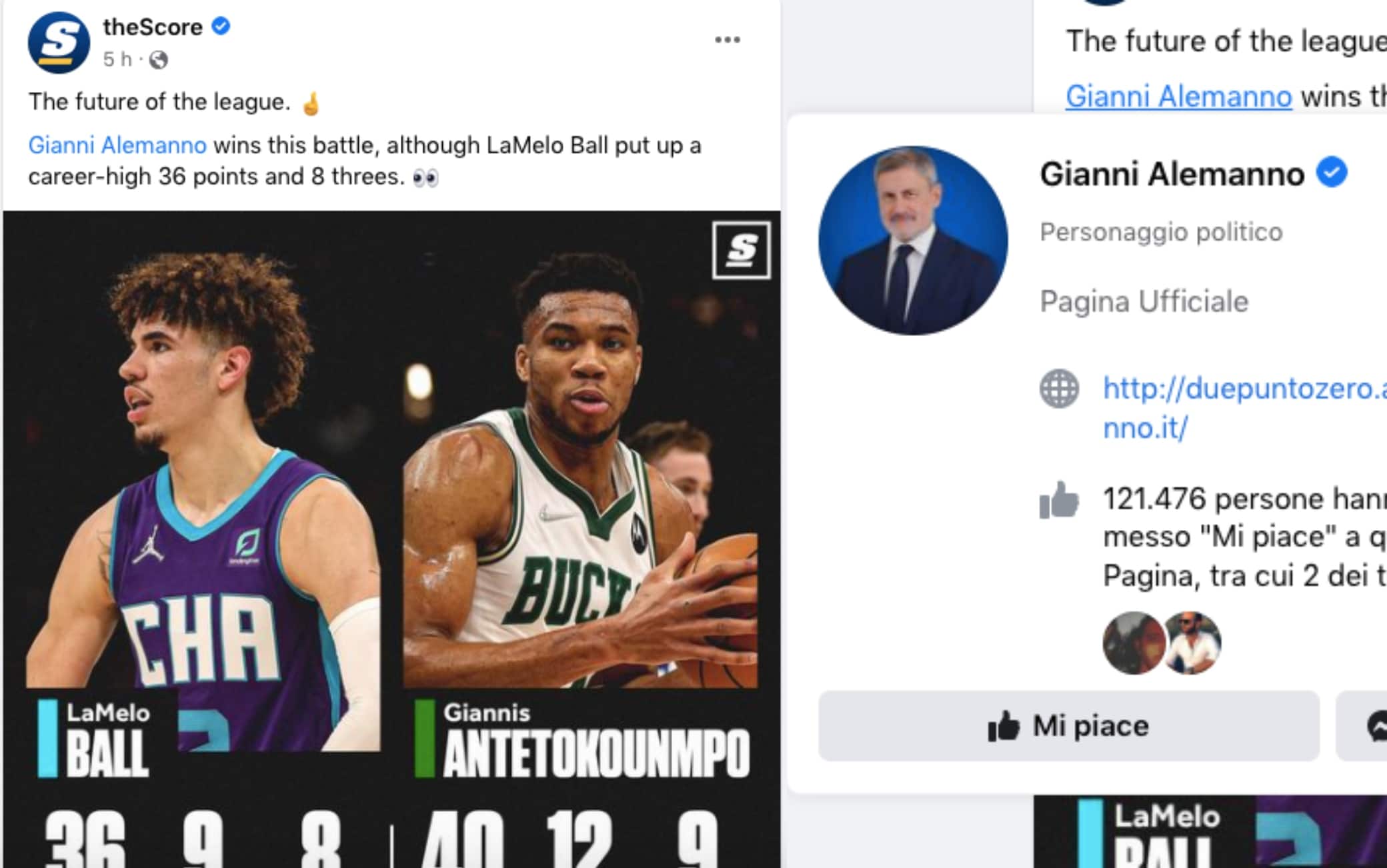 Lo screen del post su Facebook di The Score in cui al Giannis senza esse è stato assegnato di default il tag "Gianni Alemanno", diventato così involontariamente protagonista della notte NBA a sua insaputa