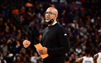 PHOENIX, AZ - NOVEMBER 30: Head Coach Monty Williams of the Phoenix Suns looks on during the game against the Golden State Warriors on November 30, 2021 at Footprint Center in Phoenix, Arizona. NOTE TO USER: User expressly acknowledges and agrees that, by downloading and or using this photograph, user is consenting to the terms and conditions of the Getty Images License Agreement. Mandatory Copyright Notice: Copyright 2021 NBAE (Photo by Barry Gossage/NBAE via Getty Images)
