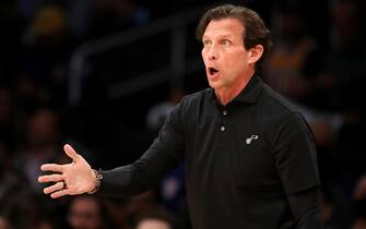LOS ANGELES, CALIFORNIA - FEBRUARY 16: Head coach Quin Snyder of the Utah Jazz reacts to a play during the first quarter against the Los Angeles Lakers at Crypto.com Arena on February 16, 2022 in Los Angeles, California. NOTE TO USER: User expressly acknowledges and agrees that, by downloading and or using this Photograph, user is consenting to the terms and conditions of the Getty Images License Agreement. (Photo by Katelyn Mulcahy/Getty Images)
