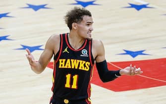 PHILADELPHIA, PENNSYLVANIA - JUNE 06: Trae Young #11 of the Atlanta Hawks reacts during the second quarter against the Philadelphia 76ers during Game One of the Eastern Conference second round series at Wells Fargo Center on June 06, 2021 in Philadelphia, Pennsylvania. NOTE TO USER: User expressly acknowledges and agrees that, by downloading and or using this photograph, User is consenting to the terms and conditions of the Getty Images License Agreement. (Photo by Tim Nwachukwu/Getty Images)