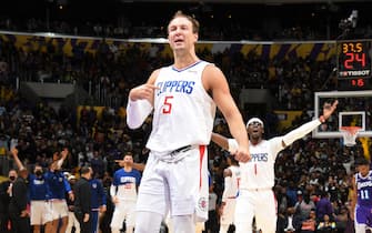 LOS ANGELES, CA - DECEMBER 3: Luke Kennard #5 of the LA Clippers reacts to a play during the game against the Los Angeles Lakers on December 3, 2021 at STAPLES Center in Los Angeles, California. NOTE TO USER: User expressly acknowledges and agrees that, by downloading and/or using this Photograph, user is consenting to the terms and conditions of the Getty Images License Agreement. Mandatory Copyright Notice: Copyright 2021 NBAE (Photo by Andrew D. Bernstein/NBAE via Getty Images)