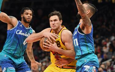 ATLANTA, GA - DECEMBER 5: Danilo Gallinari #8 of the Atlanta Hawks handles the ball during the game against the Charlotte Hornets on December 5, 2021 at State Farm Arena in Atlanta, Georgia. NOTE TO USER: User expressly acknowledges and agrees that, by downloading and/or using this Photograph, user is consenting to the terms and conditions of the Getty Images License Agreement. Mandatory Copyright Notice: Copyright 2021 NBAE (Photo by Adam Hagy/NBAE via Getty Images)