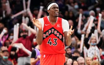TORONTO, ON - DECEMBER 5: Pascal Siakam #43 of the Toronto Raptors celebrates against the Washington Wizards during the second half of their basketball game at the Scotiabank Arena on December 5, 2021 in Toronto, Ontario, Canada. NOTE TO USER: User expressly acknowledges and agrees that, by downloading and/or using this Photograph, user is consenting to the terms and conditions of the Getty Images License Agreement. (Photo by Mark Blinch/Getty Images)