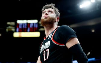 PORTLAND, OREGON - DECEMBER 06: Jusuf Nurkic # 27 of the Portland Trail Blazers reacts to a basket and foul during the first half at Moda Center on December 06, 2021 in Portland, Oregon. NOTE TO USER: User expressly acknowledges and agrees that, by downloading and or using this photograph, User is consenting to the terms and conditions of the Getty Images License Agreement. (Photo by Soobum Im/Getty Images)