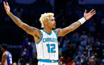 CHARLOTTE, NORTH CAROLINA - DECEMBER 06: Kelly Oubre Jr. #12 of the Charlotte Hornets reacts following a three point basket during the second half of the game against the Philadelphia 76ers at Spectrum Center on December 06, 2021 in Charlotte, North Carolina. NOTE TO USER: User expressly acknowledges and agrees that, by downloading and or using this photograph, User is consenting to the terms and conditions of the Getty Images License Agreement. (Photo by Jared C. Tilton/Getty Images)