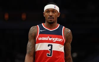WASHINGTON, DC - DECEMBER 03: Bradley Beal #3 of the Washington Wizards looks on against the Cleveland Cavaliers during the first half at Capital One Arena on December 03, 2021 in Washington, DC. NOTE TO USER: User expressly acknowledges and agrees that, by downloading and or using this photograph, User is consenting to the terms and conditions of the Getty Images License Agreement. (Photo by Patrick Smith/Getty Images)