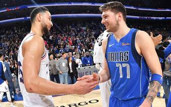 1077952632 PHILADELPHIA, PA - JANUARY 5: Ben Simmons #25 of the Philadelphia 76ers and Luka Doncic #77 of the Dallas Mavericks shake hands after a game on January 5, 2019 at the Wells Fargo Center in Philadelphia, Pennsylvania NOTE TO USER: User expressly acknowledges and agrees that, by downloading and/or using this Photograph, user is consenting to the terms and conditions of the Getty Images License Agreement. Mandatory Copyright Notice: Copyright 2019 NBAE (Photo by Jesse D. Garrabrant/NBAE via Getty Images)
