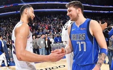 PHILADELPHIA, PA - JANUARY 5: Ben Simmons #25 of the Philadelphia 76ers and Luka Doncic #77 of the Dallas Mavericks shake hands after a game on January 5, 2019 at the Wells Fargo Center in Philadelphia, Pennsylvania NOTE TO USER: User expressly acknowledges and agrees that, by downloading and/or using this Photograph, user is consenting to the terms and conditions of the Getty Images License Agreement. Mandatory Copyright Notice: Copyright 2019 NBAE (Photo by Jesse D. Garrabrant/NBAE via Getty Images)