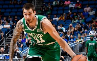 ORLANDO, FL - OCTOBER 13: Juancho Hernangomez #41 of the Boston Celtics drives to the basket during a preseason game against the Orlando Magic on October 13, 2021 at Amway Center in Orlando, Florida. NOTE TO USER: User expressly acknowledges and agrees that, by downloading and or using this photograph, User is consenting to the terms and conditions of the Getty Images License Agreement. Mandatory Copyright Notice: Copyright 2021 NBAE (Photo by Fernando Medina/NBAE via Getty Images)