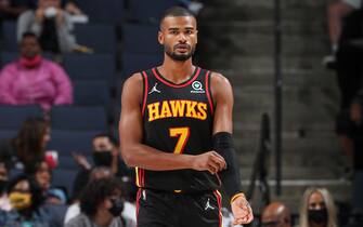 MEMPHIS, TN - OCTOBER 9: Timothe Luwawu-Cabarrot #7 of the Atlanta Hawks looks on during a preseason game against the Memphis Grizzlies on October 9, 2021 at FedExForum in Memphis, Tennessee. NOTE TO USER: User expressly acknowledges and agrees that, by downloading and or using this photograph, User is consenting to the terms and conditions of the Getty Images License Agreement. Mandatory Copyright Notice: Copyright 2021 NBAE (Photo by Joe Murphy/NBAE via Getty Images)