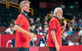 TOKYO, JAPAN August 7:  Gregg Popovich, head coach of the United States team on the sideline with assistant coach Steve Kerr during the France V USA basketball final for men at the Saitama Super Arena during the Tokyo 2020 Summer Olympic Games on August 7, 2021 in Tokyo, Japan. (Photo by Tim Clayton/Corbis via Getty Images)