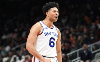 ATLANTA, GA - NOVEMBER 27: Quentin Grimes #6 of the New York Knicks shows emotion during the game against the Atlanta Hawks on November 27, 2021 at State Farm Arena in Atlanta, Georgia.  NOTE TO USER: User expressly acknowledges and agrees that, by downloading and/or using this Photograph, user is consenting to the terms and conditions of the Getty Images License Agreement. Mandatory Copyright Notice: Copyright 2021 NBAE (Photo by Adam Hagy/NBAE via Getty Images)