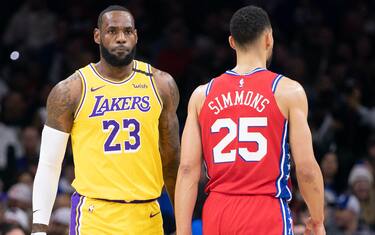 PHILADELPHIA, PA - JANUARY 25: LeBron James #23 of the Los Angeles Lakers and Ben Simmons #25 of the Philadelphia 76ers in action at the Wells Fargo Center on January 25, 2020 in Philadelphia, Pennsylvania. NOTE TO USER: User expressly acknowledges and agrees that, by downloading and/or using this photograph, user is consenting to the terms and conditions of the Getty Images License Agreement. (Photo by Mitchell Leff/Getty Images)