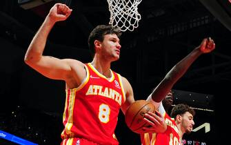 ATLANTA, GA - DECEMBER 13: Danilo Gallinari #8 of the Atlanta Hawks celebrates during the game against the Houston Rockets on December 13, 2021 at State Farm Arena in Atlanta, Georgia. NOTE TO USER: User expressly acknowledges and agrees that, by downloading and/or using this Photograph, user is consenting to the terms and conditions of the Getty Images License Agreement. Mandatory Copyright Notice: Copyright 2021 NBAE (Photo by Scott Cunningham/NBAE via Getty Images)