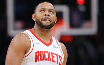 ATLANTA, GEORGIA - DECEMBER 13:  Eric Gordon #10 of the Houston Rockets reacts after hitting a three-point basket against the Atlanta Hawks during the second half at State Farm Arena on December 13, 2021 in Atlanta, Georgia.  NOTE TO USER: User expressly acknowledges and agrees that, by downloading and or using this photograph, User is consenting to the terms and conditions of the Getty Images License Agreement.  (Photo by Kevin C. Cox/Getty Images)