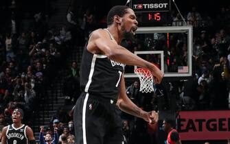 BROOKLYN, NY - DECEMBER 14: Kevin Durant #7 of the Brooklyn Nets celebrates during the game against the Toronto Raptors on December 14, 2021 at Barclays Center in Brooklyn, New York. NOTE TO USER: User expressly acknowledges and agrees that, by downloading and or using this Photograph, user is consenting to the terms and conditions of the Getty Images License Agreement. Mandatory Copyright Notice: Copyright 2021 NBAE (Photo by David L. Nemec/NBAE via Getty Images)
