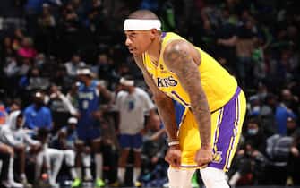 MINNEAPOLIS, MN -  DECEMBER 17: Isaiah Thomas #31 of the Los Angeles Lakers looks on during the game against the Minnesota Timberwolves on December 17, 2021 at Target Center in Minneapolis, Minnesota. NOTE TO USER: User expressly acknowledges and agrees that, by downloading and or using this Photograph, user is consenting to the terms and conditions of the Getty Images License Agreement. Mandatory Copyright Notice: Copyright 2021 NBAE (Photo by David Sherman/NBAE via Getty Images)