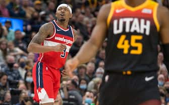 SALT LAKE CITY, UT -  DECEMBER 18: Bradley Beal #3  of the Washington Wizards reacts after scoring a three point basket against the Utah Jazz during the second half of their game December 18, 2021 at the Vivint Smart Home Arena in Salt Lake City, Utah. NOTE TO USER: User expressly acknowledges and agrees that, by downloading and/or using this Photograph, user is consenting to the terms and conditions of the Getty Images License Agreement.(Photo by Chris Gardner/Getty Images)
