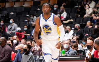 TORONTO, CANADA - DECEMBER 18: Jonathan Kuminga #00 of the Golden State Warriors reacts to a play during the game against the Toronto Raptors on December 18, 2021 at the Scotiabank Arena in Toronto, Ontario, Canada.  NOTE TO USER: User expressly acknowledges and agrees that, by downloading and or using this Photograph, user is consenting to the terms and conditions of the Getty Images License Agreement.  Mandatory Copyright Notice: Copyright 2021 NBAE (Photo by Mark Blinch/NBAE via Getty Images)