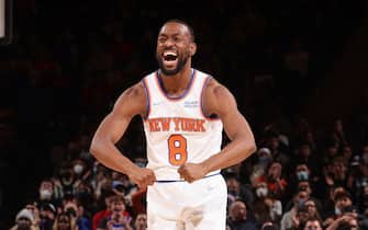 NEW YORK, NY - DECEMBER 23: Kemba Walker #8 of the New York Knicks celebrates during the game against the Washington Wizards on December 23, 2021 at Madison Square Garden in New York City, New York.  NOTE TO USER: User expressly acknowledges and agrees that, by downloading and or using this photograph, User is consenting to the terms and conditions of the Getty Images License Agreement. Mandatory Copyright Notice: Copyright 2021 NBAE  (Photo by Nathaniel S. Butler/NBAE via Getty Images)